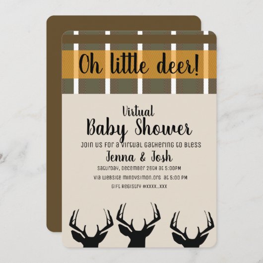 Peeking Deer Antlers Kariert Virtual Baby Shower Einladung (Vorne/Hinten)