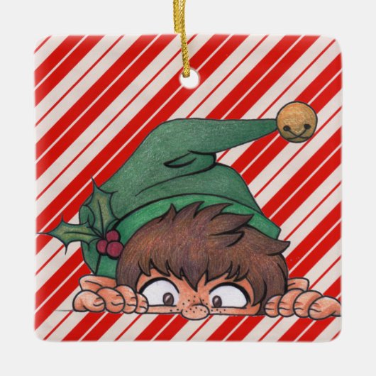 Peeking Elf Weihnachten Keramikornament (Vorderseite)