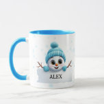 Peeking Snowman in Blue Christmas Coffee Tasse<br><div class="desc">Ein niedliches schneeweiches Gesicht mit einem blauen Hut und Schal mit einem individuellen Namensschild. Ein ideales Geschenk für Familie und Freunde. Danke,  dass du vorbeigekommen bist! Besuchen Sie unseren Shop für weitere Artikel!</div>