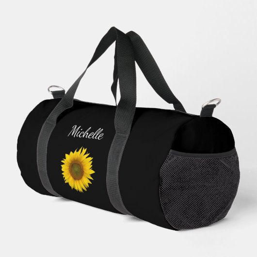 Peeking Sonnenblumen Elegantes botanisches Schwarz Duffle Bag (Rechte Ecke)