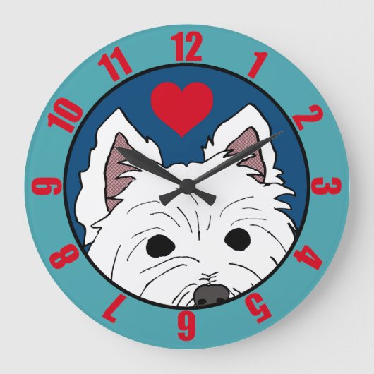 Peeking Westie with Heart (Reguläre Zahlen) Große Wanduhr (Vorderseite)