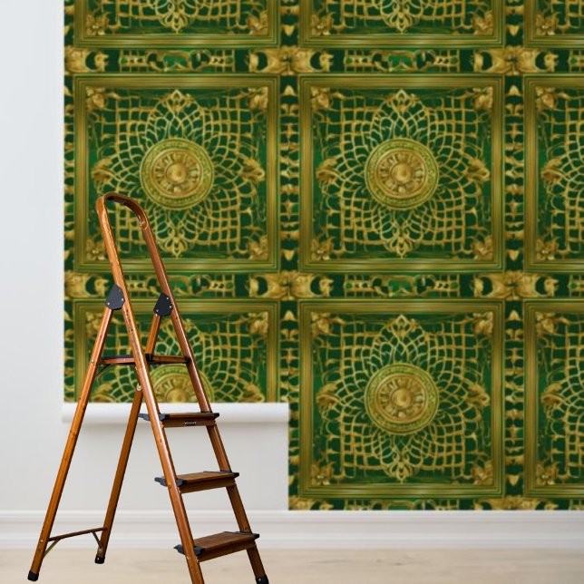 Peel und Stick indisches inspiriertes Green Gold M Tapete (Peel and Stick Indian inspired Green Gold Pattern Wallpaper)