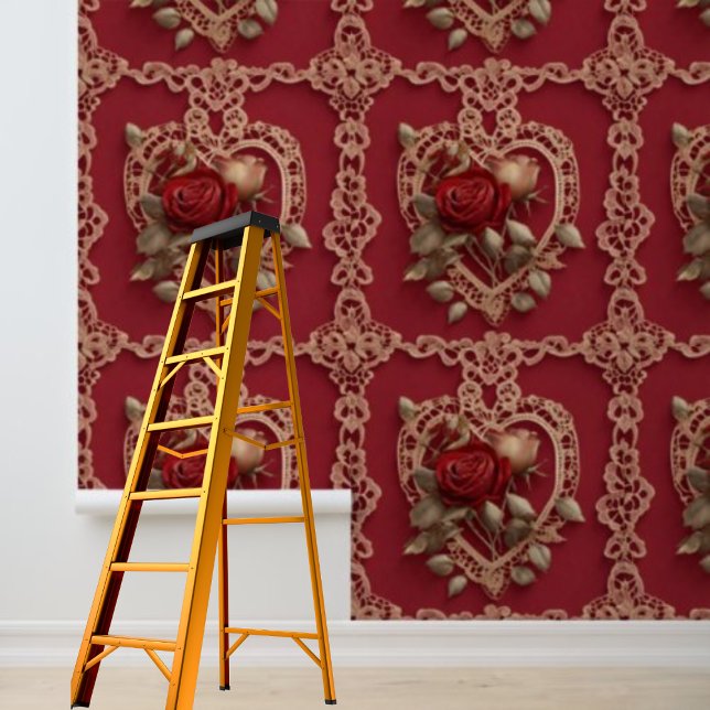 Peel und Stick rote Herzen Rose Spitzen Muster Tapete (Peel and Stick red hearts roses lace pattern Wallpaper)