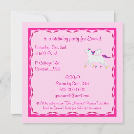 Pegasus Birthday individuell anpassbar Einladung (Rückseite)