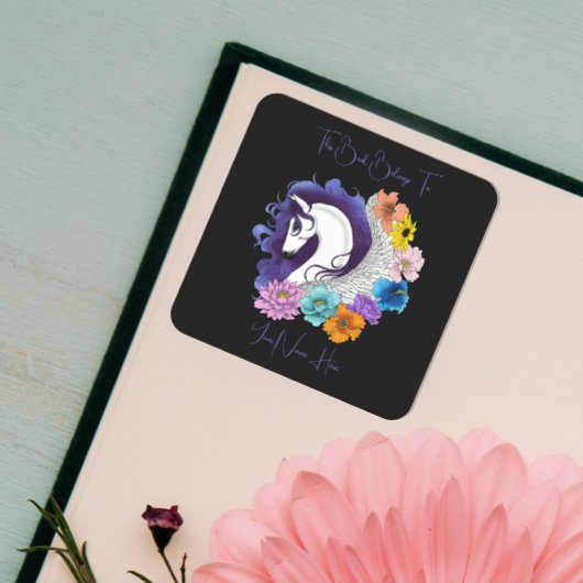 Pegasus Black Floral Exlibris Quadratischer Aufkleber