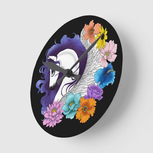 Pegasus Black Floral Runde Wanduhr (Winkel)