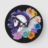 Pegasus Black Floral Runde Wanduhr (Vorderseite)