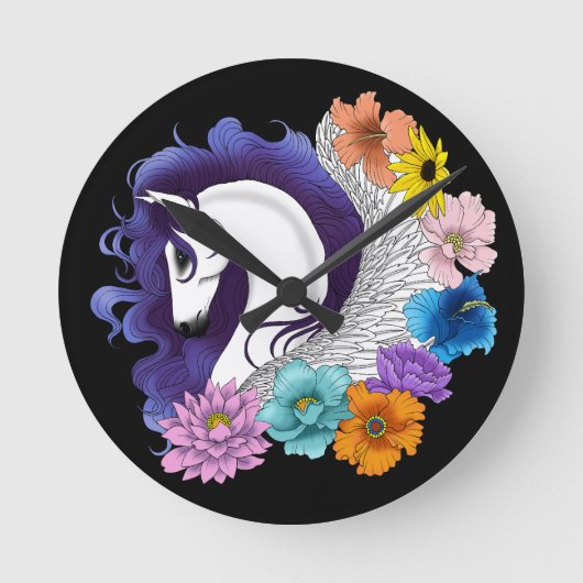 Pegasus Black Floral Runde Wanduhr (Vorderseite)