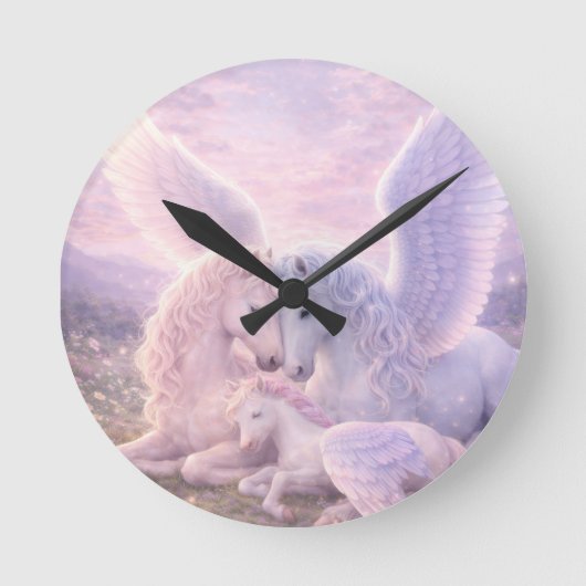 Pegasus Family – Soft Pastel Fantasy Canvas Art Runde Wanduhr (Vorderseite)