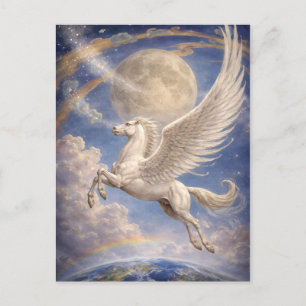 Pegasus fliegt zwischen Erde und Mond Fantasy-Kuns Postkarte