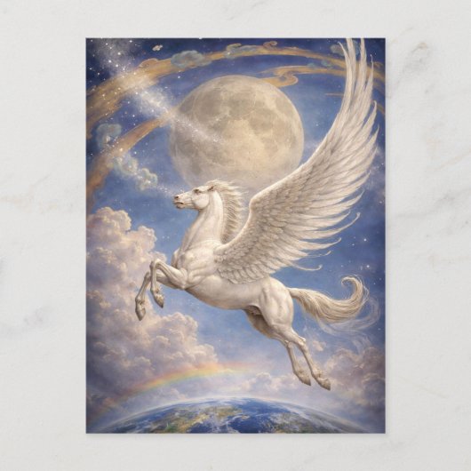 Pegasus fliegt zwischen Erde und Mond Fantasy-Kuns Postkarte (Vorderseite)