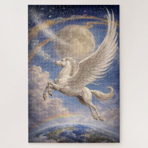 Pegasus fliegt zwischen Erde und Mond Fantasy-Kuns Puzzle