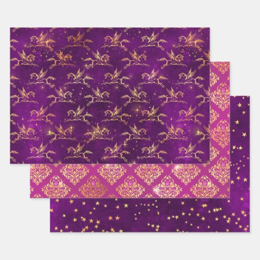 Pegasus & Gold Blumenmuster in Lila & Rosa Geschenkpapier Set (Set)