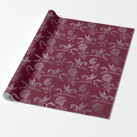 Pegasus Royal Damask Floral Maroon Burgundy Silver Geschenkpapier (Ungerollt)