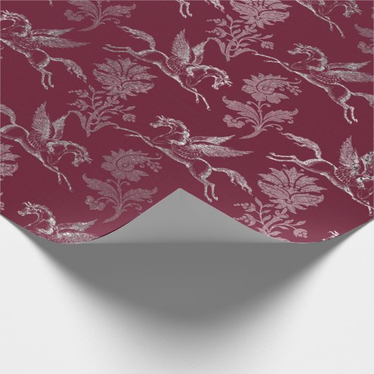 Pegasus Royal Damask Floral Maroon Burgundy Silver Geschenkpapier (Ecke)