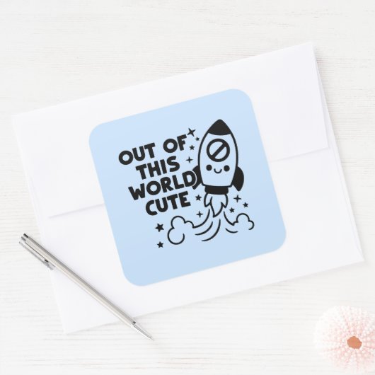 Pegatina cohete kawaii – Out of this world cute Quadratischer Aufkleber (Umschlag)