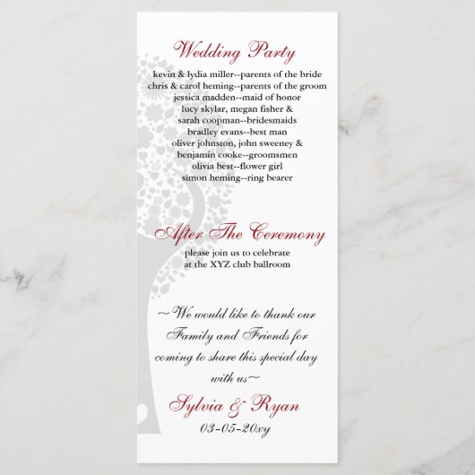 Peitschenrote Liebhaber Hochzeitsfeier Programm (Rückseite)