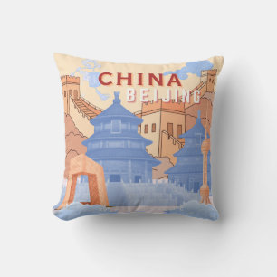 Peking China Reiseplakat Pastellblau & Pfirsich Kissen