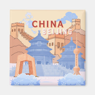 Peking China Reiseplakat Pastellblau & Pfirsich Magnet