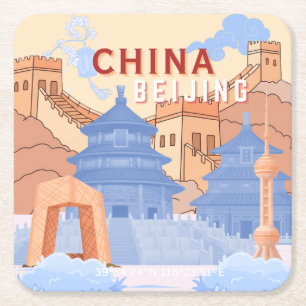 Peking China Reiseplakat Pastellblau & Pfirsich Rechteckiger Pappuntersetzer