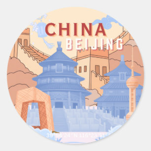 Peking China Reiseplakat Pastellblau & Pfirsich Runder Aufkleber