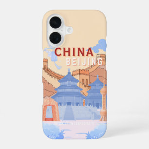 Peking China Reiseplakat Pastellblau und Pfirsic iPhone 16 Hülle