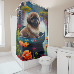 Pekingese auf einem Paddel: Ein landschaftliches A Duschvorhang