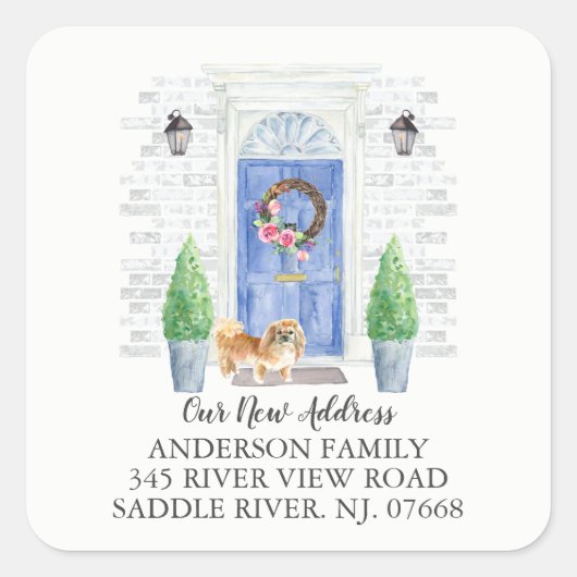 Pekingese Blue Dose New Address Label Quadratischer Aufkleber (Vorderseite)
