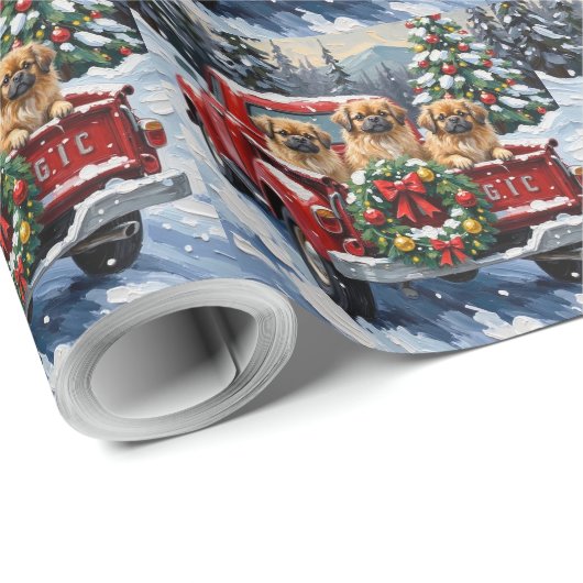 Pekingese Christmas Red Truck Holiday Geschenkpapier (Rolleneckpunkt)