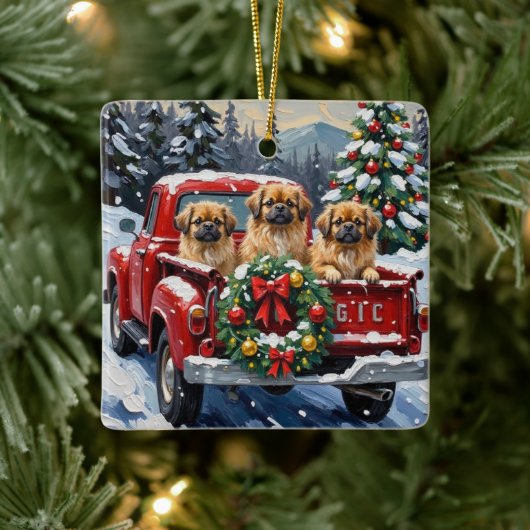 Pekingese Christmas Red Truck Holiday Keramikornament (Baum)