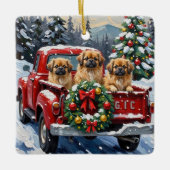 Pekingese Christmas Red Truck Holiday Keramikornament (Vorderseite)