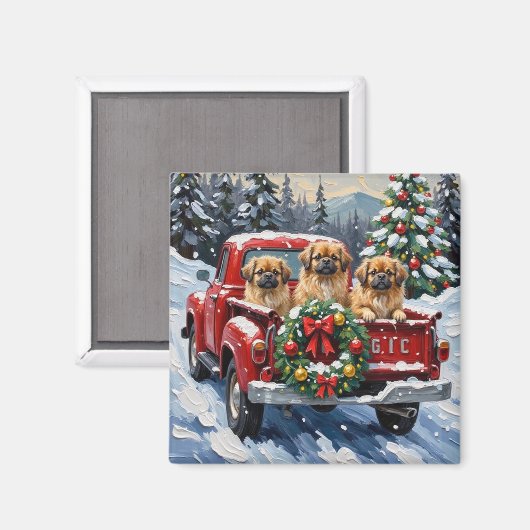 Pekingese Christmas Red Truck Holiday Magnet (Vorderseite/Rückseite)
