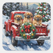Pekingese Christmas Red Truck Holiday Quadratischer Aufkleber (Vorderseite)