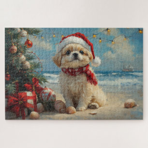 Pekingese Dog Christmas Vintag Beach Puzzle