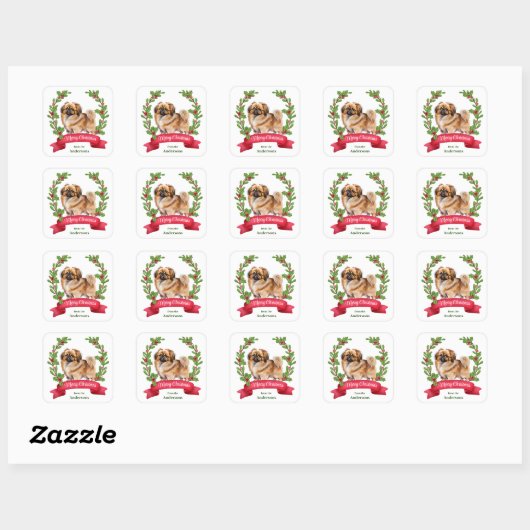 Pekingese Dog Holly Banner Weihnachten Quadratischer Aufkleber (Blatt)