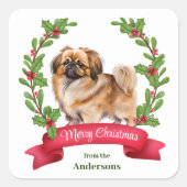 Pekingese Dog Holly Banner Weihnachten Quadratischer Aufkleber (Vorderseite)