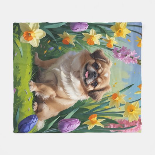 Pekingese Dog Spring Blumen Malerei Fleecedecke (Vorderseite (Horizontal))