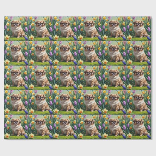 Pekingese Dog Spring Blumen Malerei Geschenkpapier (Flach)