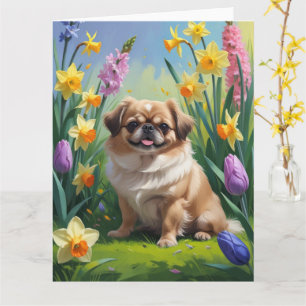 Pekingese Dog Spring Blumen Malerei Karte