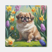 Pekingese Dog Spring Blumen Malerei Magnet (Vorne)