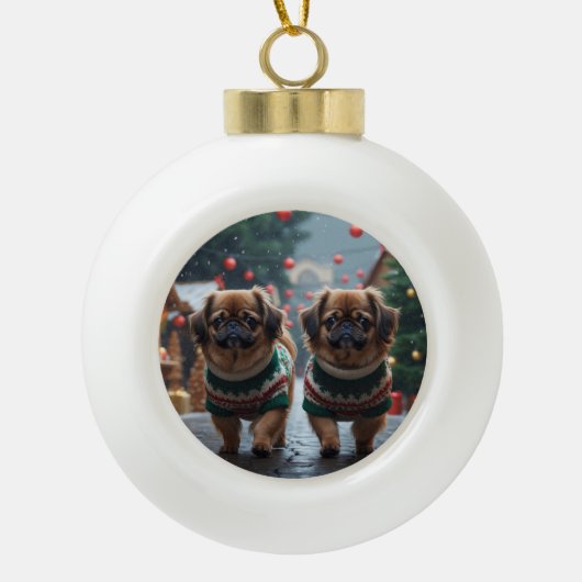 Pekingese Dogs Christmas Snow Holiday Keramik Kugel-Ornament (Vorderseite)