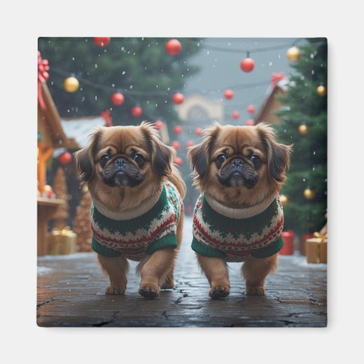 Pekingese Dogs Christmas Snow Holiday Magnet (Vorne)