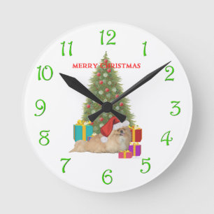 Pekingese Frohe Weihnachten Runde Wanduhr