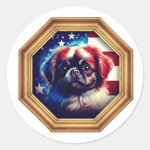 Pekingese Hund Amerikanische Flagge Goldrahmen Runder Aufkleber