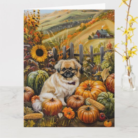 Pekingese Hund Herbsternte Erntedank Karte (Gelbe Blume)