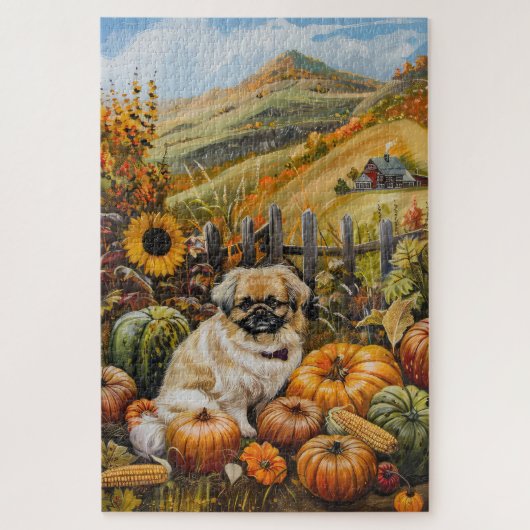 Pekingese Hund Herbsternte Erntedank Puzzle (Vertikal)