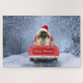 Pekingese Hund im Schnee sitzend im Weihnachtswage Puzzle (Horizontal)