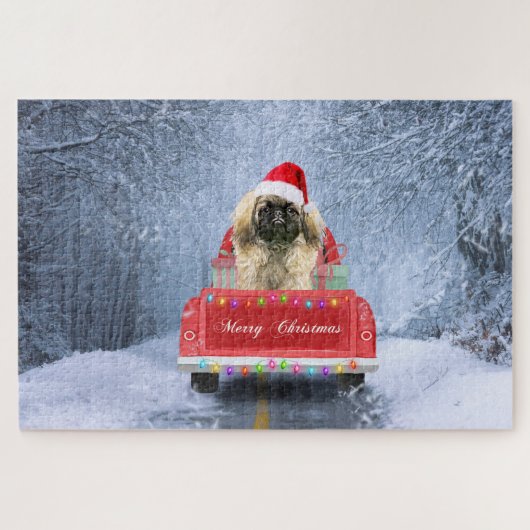 Pekingese Hund im Schnee sitzend im Weihnachtswage Puzzle (Horizontal)