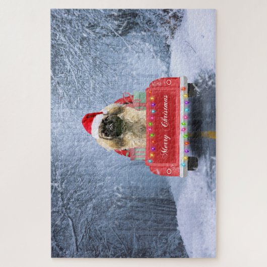 Pekingese Hund im Schnee sitzend im Weihnachtswage Puzzle (Vertikal)