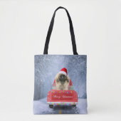 Pekingese Hund im Schnee sitzend im Weihnachtswage Tasche (Vorderseite)